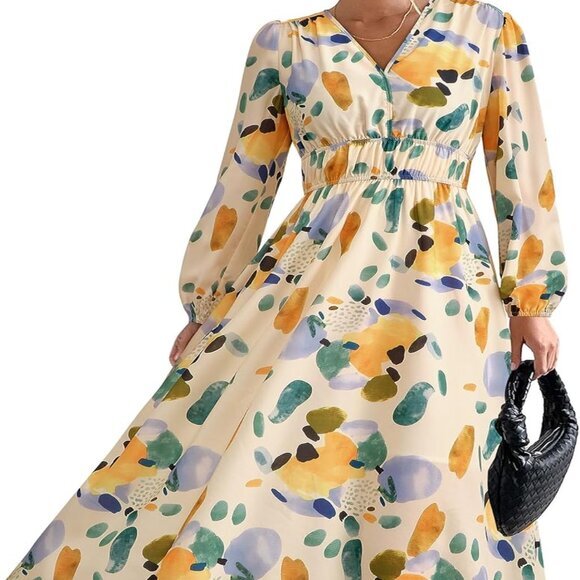 New Fall Women's Boho Maxi Dress Long Sleeve, V Neck, Printed, Flowy Beach Style - Picture 1 of 5